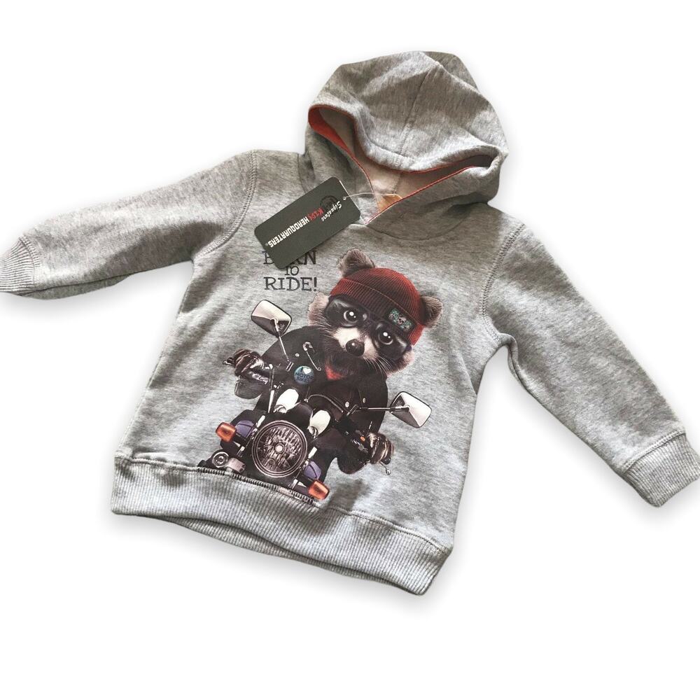 Kids Headquarters Boys Hoodie Size 12 Mo Born To Ride Raccoon Gray Motorcycle